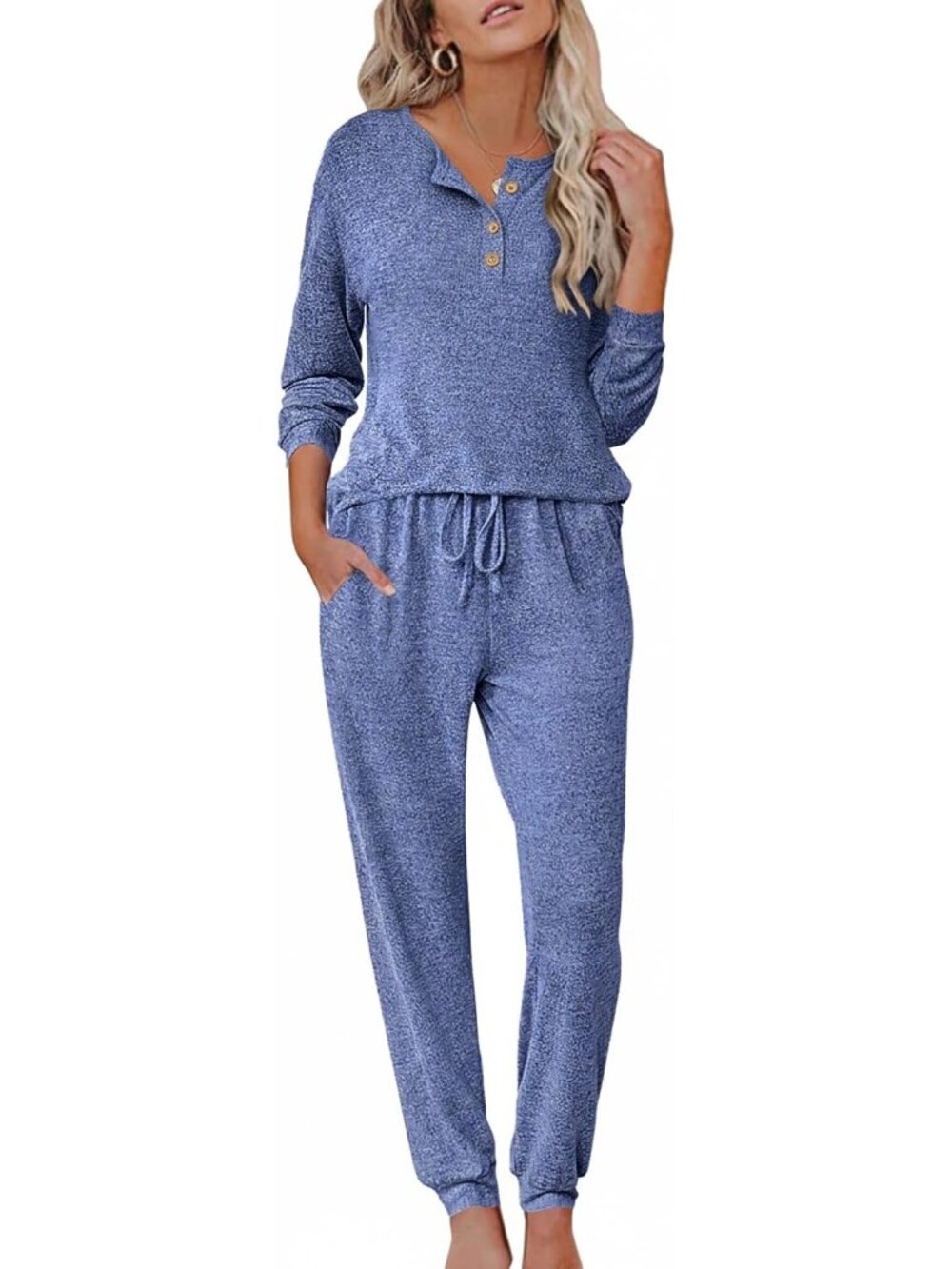 Women's Navy Blue Henley Neck Long Sleeve Casual Sleepwear 2 Piece Pajama Set